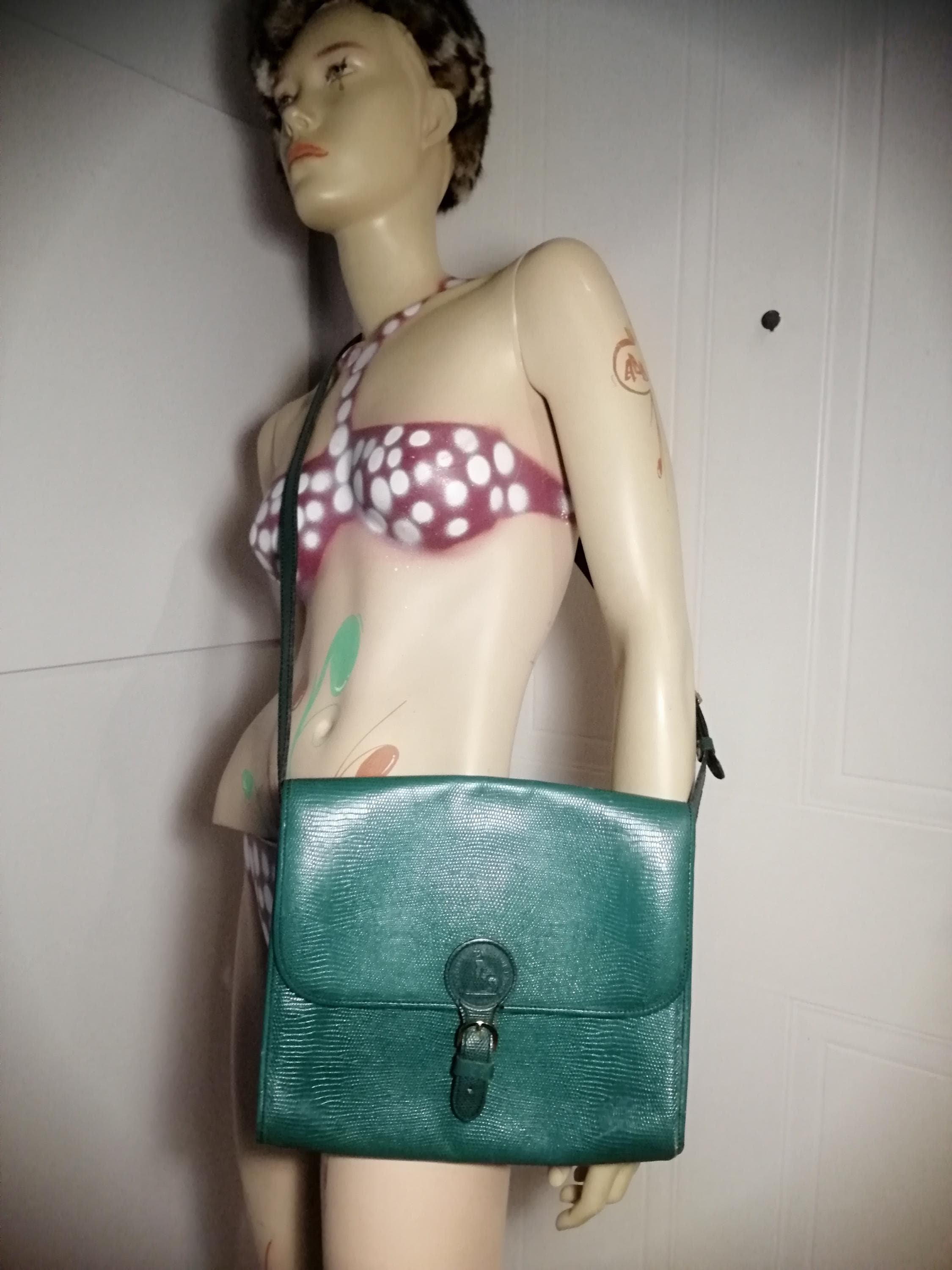 Vintage 1980s Green Leather shoulder /Cross Body, handbag By François Marot Paris, Made in France