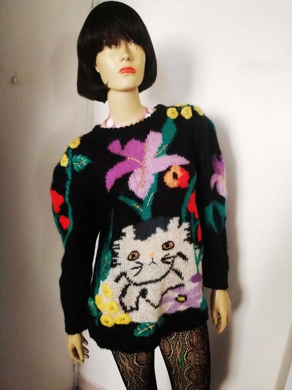 Vintage 1980s oversize Mohair Cartoon cat jumper M