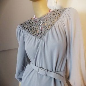 Vintage 1970s Laura Dee Made in England, gray Embroidered Dress size 12 to 14 UK