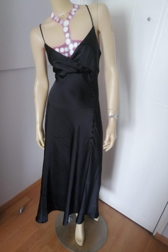 Vintage original 90s Black satin Maxi long slip dress so Unusual side button size medium to Large