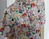 Vintage 1980s sheer flowers pussybow v neck puffed sleeve top size small