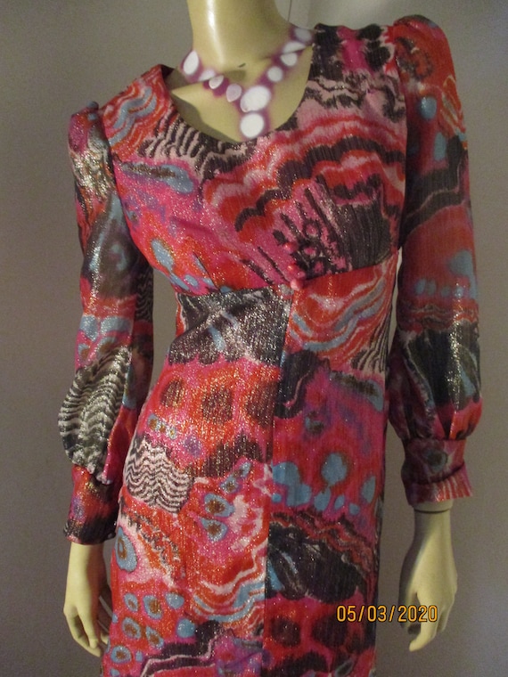 Vintage 1970S Maxi Psychedelic Metallic Dress Size
