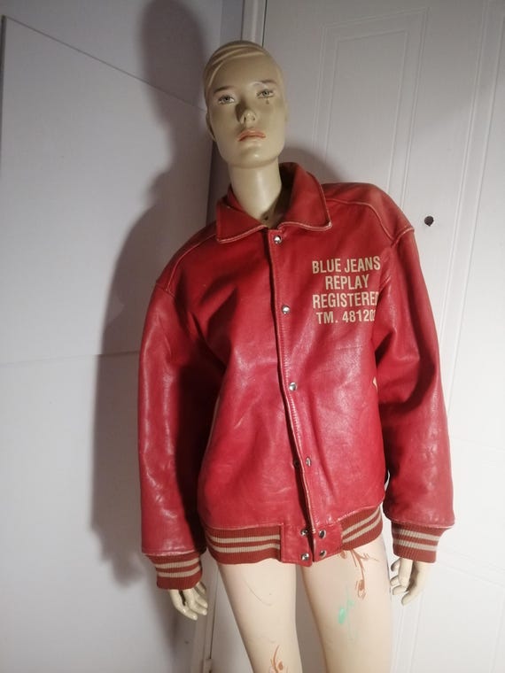 Replay, Vintage 1980s original Replay real red leather bomber jacket size Large or oversized