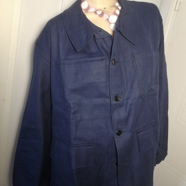 Amazing Original French 1960s unused moleskin workwear jacket dark indigo Blue size large for men or women