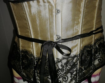 Vintage 1980s Gold and Black Boned corset, with surpenders fitted size small