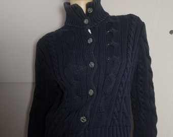 Vintage 90s Ralph Lauren Cardigan /jacket dark blue button up Cable Knit Thick cotton wool size medium to Large Used