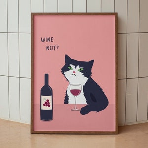Cat sipping wine digital art print poster print funny cute kitten illustration cat lover gift wall decor
