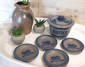 Vintage 1990 Rowe Pottery collection butter crock tea bag rests butter pat dishes Flower vase Handmade stoneware blue hearts farmhouse decor