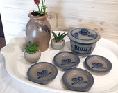 Vintage 1990 Rowe Pottery collection set butter crock Small butter pat dishes Flower vase Handmade stoneware blue hearts farmhouse decor
