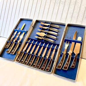 Vintage Sheffield 19 pc knife set/Stainless steel cutlery gift box/Mid century flatware/hostess serving/kitchen steak knives/carving set