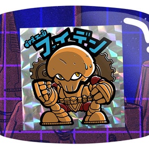 May include: A sticker featuring a cartoon robot character with a brown head and body, red accents, and a gear behind its head. Japanese text is above the character. The sticker has a holographic background and is set against a purple and blue background.