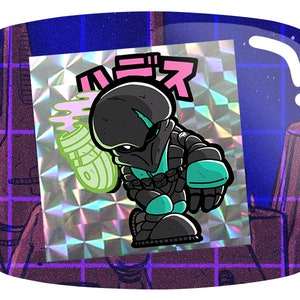 May include: A holographic sticker featuring a cartoon character in a futuristic outfit with teal accents. The character is holding a green spray can with pink vapor. Japanese text is above the character.