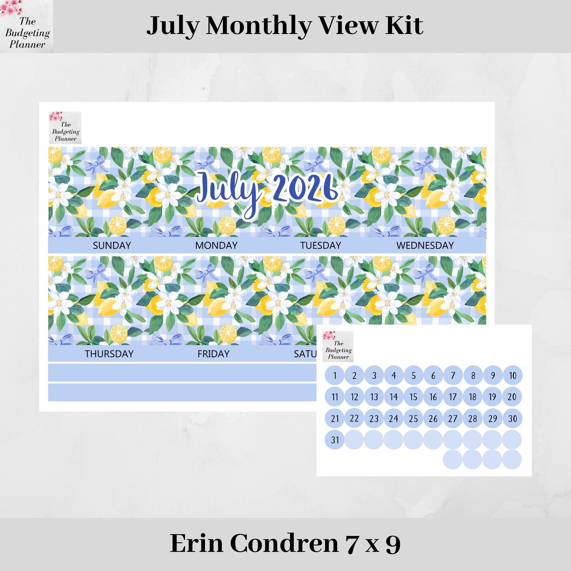 Erin Condren Monthly Kit for July 2026 in Lemon Gingham Design to Fit ...