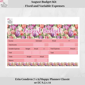 May include: An August Budget Kit planner page featuring a floral border of pink, purple, and white tulips. The header reads August Budget. The table includes sections for Income, Variable Expenses, Fixed Expenses, Totals, and Balance for 7x9 or 8.5x11.