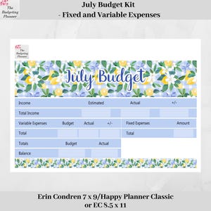 July Budget Kit - Fixed + Variable Expenses - Budget Planner Stickers in Lemon Gingham print for Erin Condren & Happy Planners