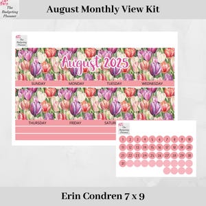 Erin Condren Monthly Kit for August 2025 in Tulip Fields design to fit monthly in EC - month planner stickers with date dot stickers