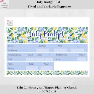 Puede incluir: Un kit de presupuesto de julio con un diseño floral. El kit incluye secciones para ingresos, gastos variables y gastos fijos. El título "July Budget" está en una fuente cursiva. Disponible en tamaños Erin Condren 7 x 9/Happy Planner Classic o EC 8.5 x 11.