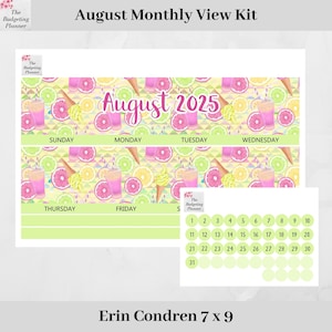 Erin Condren Monthly Kit for August 2025 in Pink Lemonade to fit monthly in EC - month planner stickers with date dot stickers