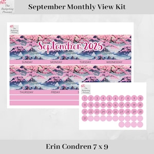 Kit mensual de Erin Condren para septiembre de 2025 con diseño de montañas japonesas para adaptarse mensualmente a EC: pegatinas de planificador mensual con pegatinas de fecha.