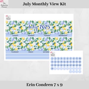 Erin Condren Monthly Kit for July 2025 in Lemon Gingham design to fit monthly in EC - month planner stickers with date dot stickers