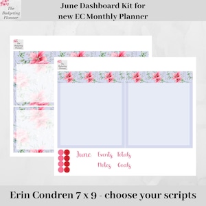 Erin Condren dashboardstickerset voor juni in Gray Lilies-ontwerp, passend op dashboardpagina in EC Monthly Planner