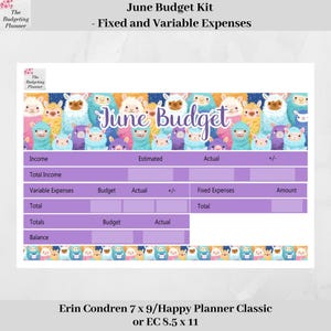 Puede incluir: Un kit de planificación con un diseño de llama colorido, etiquetado como "June Budget Kit". El diseño incluye secciones para ingresos, gastos y totales. El texto "Erin Condren 7 x 9/Happy Planner Classic or EC 8.5 x 11" está en la parte inferior.