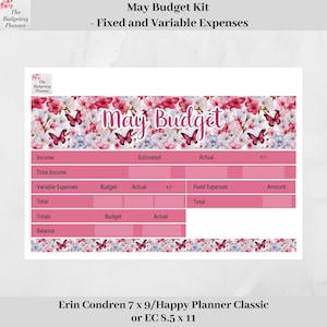 Op de afbeelding: Een roze en witte mei-budgetkit met bloemen- en vlinderaccenten. De planner bevat secties voor inkomsten, uitgaven en totalen. Bovenin staat de tekst "May Budget Kit - Fixed and Variable Expenses."