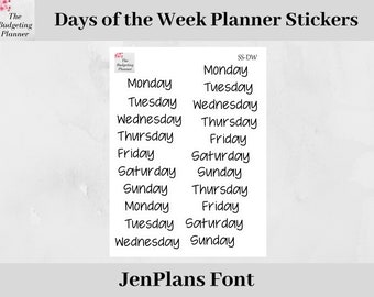 May include: A set of planner stickers with the days of the week written in a handwritten font. The stickers are white with black text and are labeled "SS-DW".