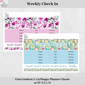 Wekelijkse check-in sticker - aquarel Pasen of roze magnolia-ontwerp - budgetplannerstickers om je budget bij te houden in je Erin Condren