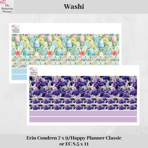 May include: Washi tape sheets with Easter egg and floral designs, and purple iris patterns. The sheets are labeled "Washi" and "The Budgeting Planner." The text at the bottom reads "Erin Condren 7 x 9/Happy Planner Classic or EC 8.5 x 11."