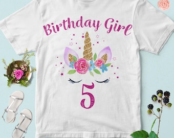 Unicorn 5th Birthday Girl PNG: Floral Shirt Design (Digital Download)