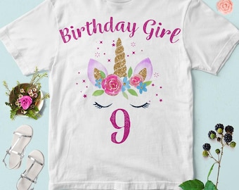 Unicorn 9th Birthday Girl PNG: Shirt Design (Digital Download)