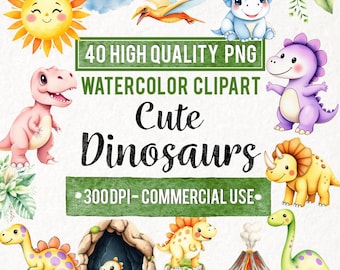 Watercolor Dinosaur Clipart: Baby Shower PNG Graphics (Commercial Use, Digital Download)
