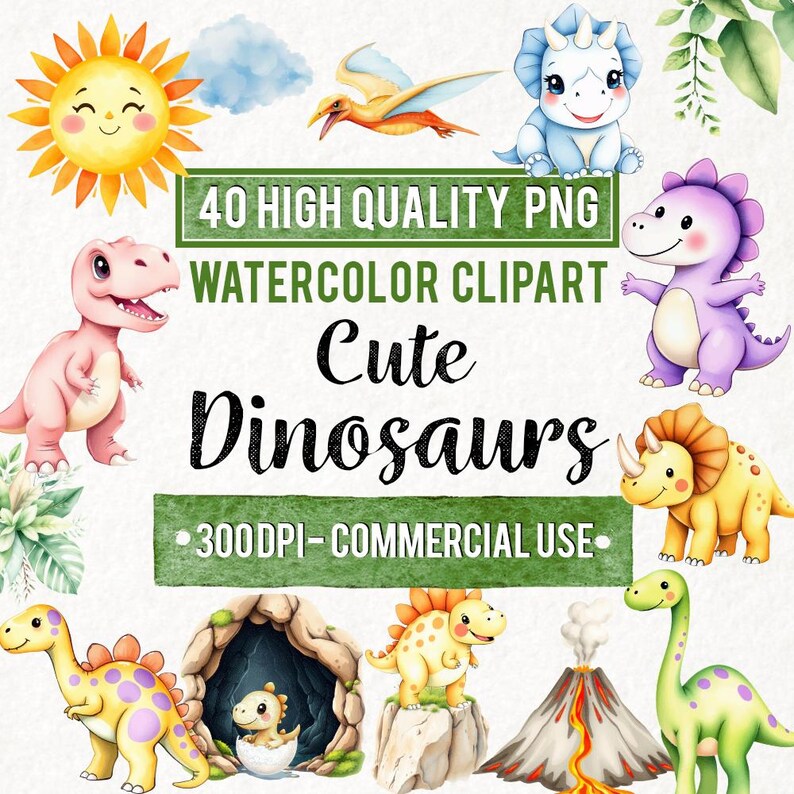 Watercolor Dinosaur Clipart: Baby Shower PNG Graphics (commercial Use ...
