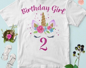 Unicorn 2nd Birthday Girl PNG: Floral Shirt Design (Digital Download)