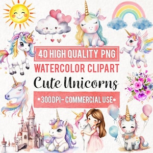 Clipart de unicornio de acuarela, unicornio lindo PNG, clipart de unicornio pastel, baby shower, cumpleaños de unicornio bebé, guardería de unicornio, uso comercial