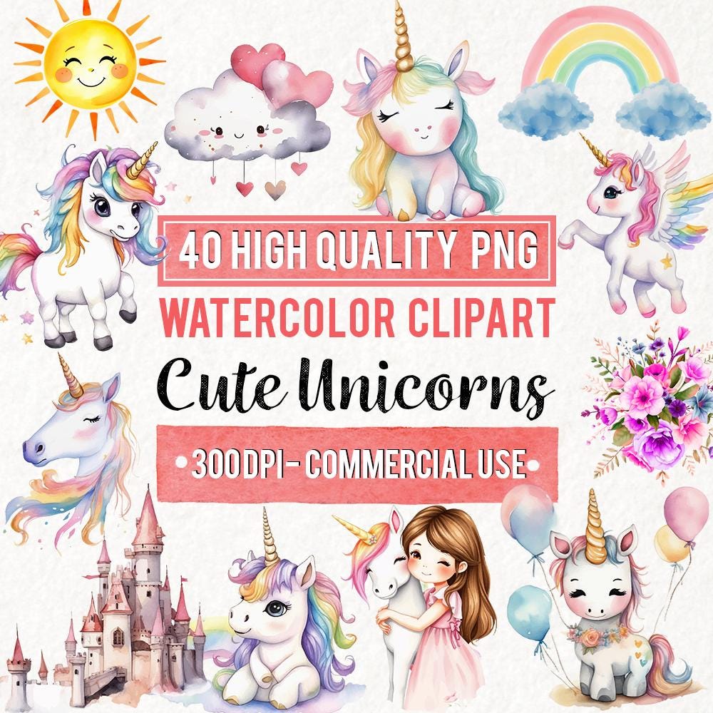 Watercolor Unicorn Clipart: Pastel Nursery Decor PNG (Commercial Use, Digital Download)