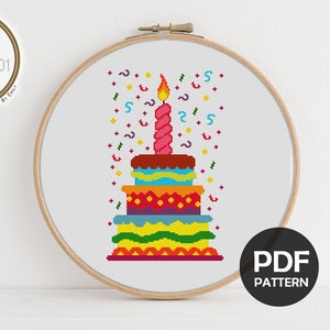 Cake Pattern Cross Stitch Pattern Instant Download PDF - Modern Cross Stitch Embroidery Design,Cake,Birthday Celebration,patterns 87x142 st.