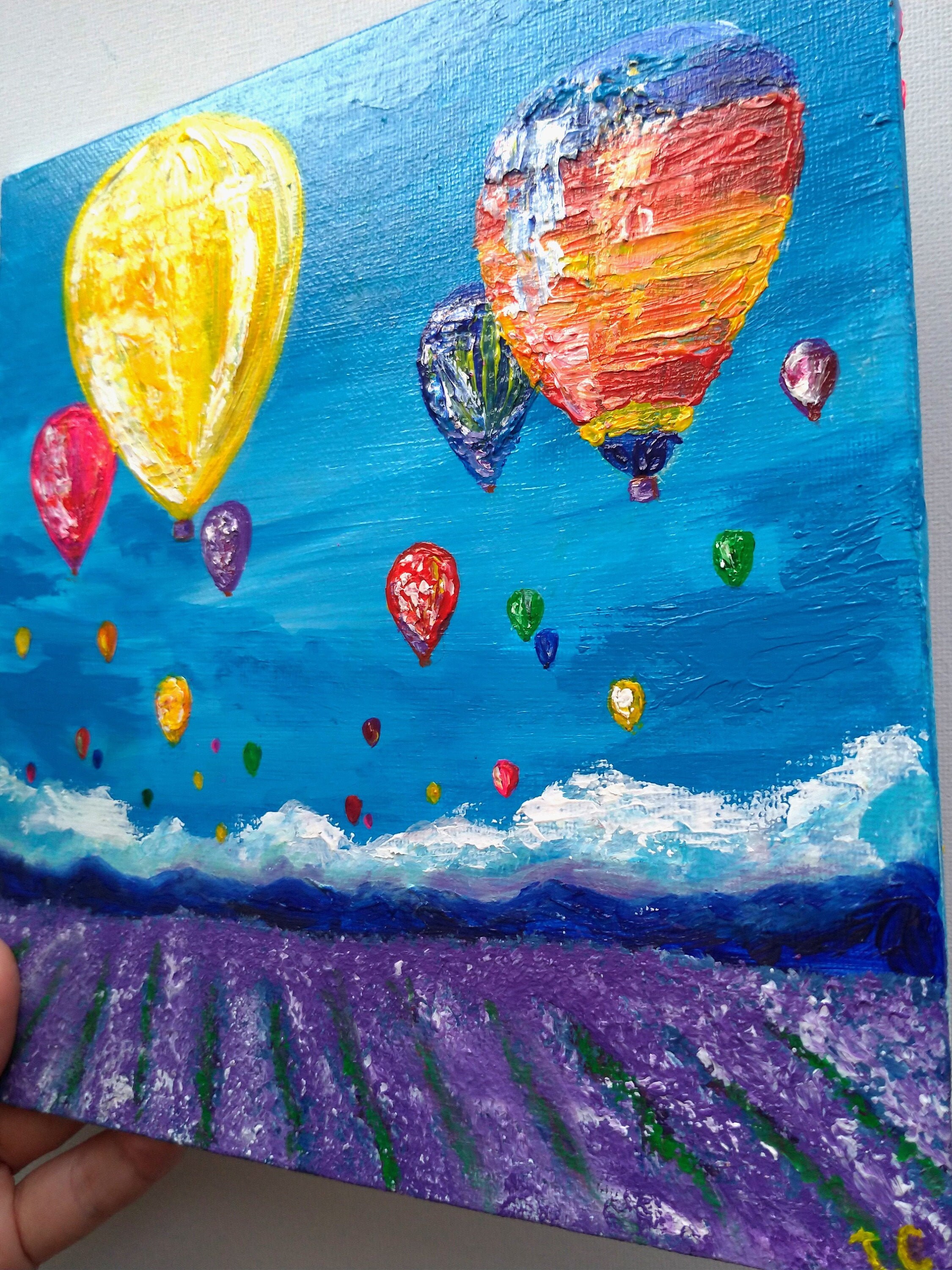 Hot Air Balloon Painting Original Art Lavender Field Painting Etsy