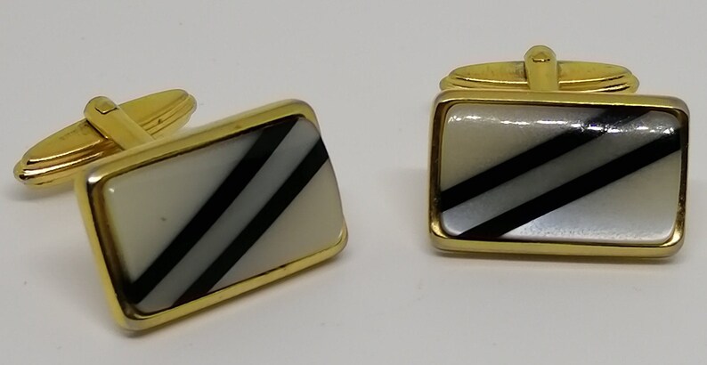 Stunning Original Vintage 1950s Gold Tone Lucite Mother OF Pearl Oblong Front Gilt Metal Bullet Back Cufflinks Mens Fashion Accessories