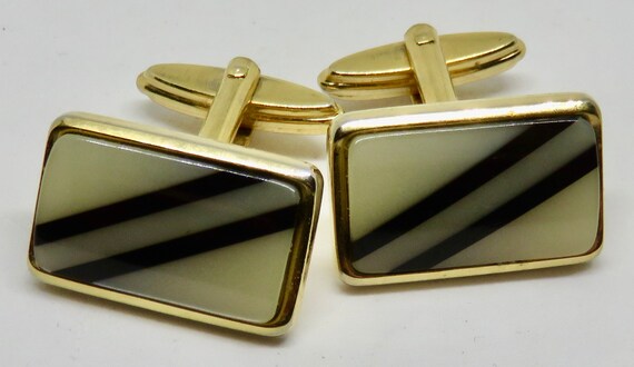 Stunning Original Vintage 1950s Gold Tone Lucite Mother OF Pearl Oblong Front Gilt Metal Bullet Back Cufflinks Mens Fashion Accessories