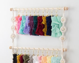 Macrame Headband & Bow Holder: Expandable Baby Girl Nursery Decor