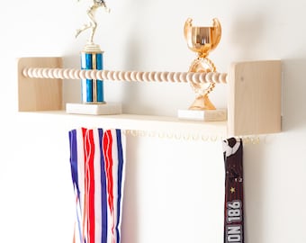 Wooden Sports Medal Holder with Trophy Shelf, Gift for Boys and Girls, Sport Award Hanger, Bookshelf
