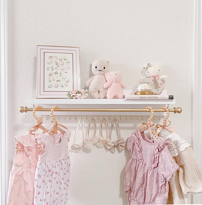 Headband and Bow Holder Shelf with Rod and Hooks, Baby Girl Nursery Decor, Baby Girl Shower Gift, Headband Holder, Jewelry Organizer image 1
