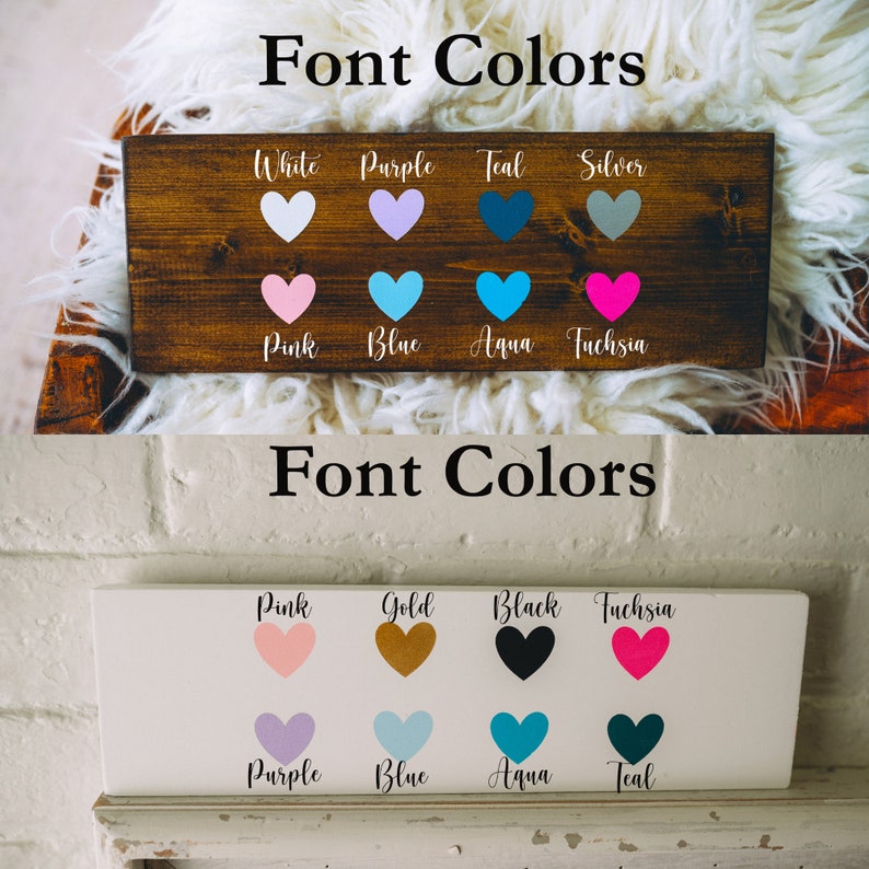 Puede incluir: Dos letreros de madera con muestras de color en forma de coraz&oacute;n y el texto "Font Colors". El primer letrero tiene los colores blanco, morado, verde azulado, plateado, rosa, azul, aguamarina y fucsia. El segundo letrero tiene los colores rosa, dorado, negro, fucsia, morado, azul, aguamarina y verde azulado.