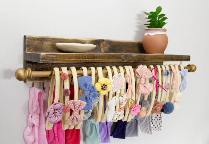 Headband and Bow Holder Shelf with Rod and Hooks, Baby Girl Nursery Decor, Baby Girl Shower Gift, Headband Holder, Jewelry Organizer image 6