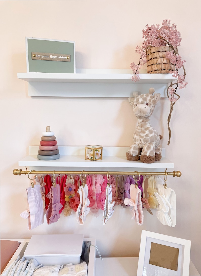 Headband and Bow Holder Shelf with Rod and Hooks, Baby Girl Nursery Decor, Baby Girl Shower Gift, Headband Holder, Jewelry Organizer image 2