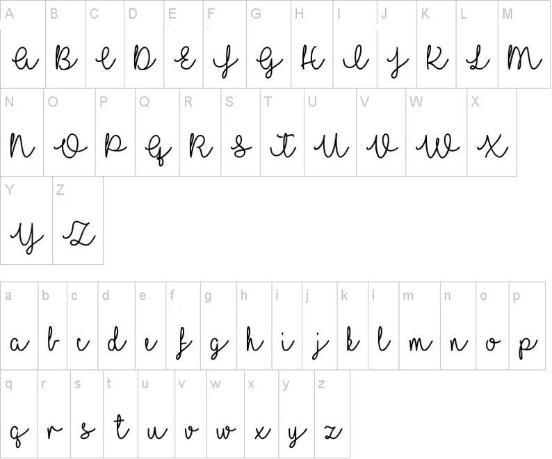 Op de afbeelding: Een handgeschreven alfabet in een cursief lettertype. De letters zijn geschreven in zwarte inkt op een witte achtergrond.