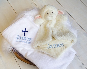 Personalized Baptism & Christening Gift Set for Baby Boy or Girl | Christening Gift Bundle | Hooded Baby Towel and Personalized Lamb Blankie