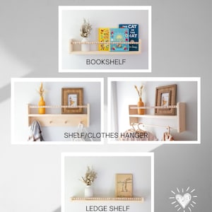 May include: A composite image showcasing three wooden shelves: a bookshelf with books, a shelf/clothes hanger, and a ledge shelf. The text "a perfect match" is at the top, with "Frequently purchased together" at the bottom.